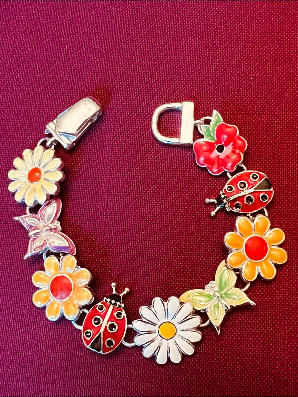 Floral & Ladybug Enamel Charm Bracelet - Red, Yellow, White